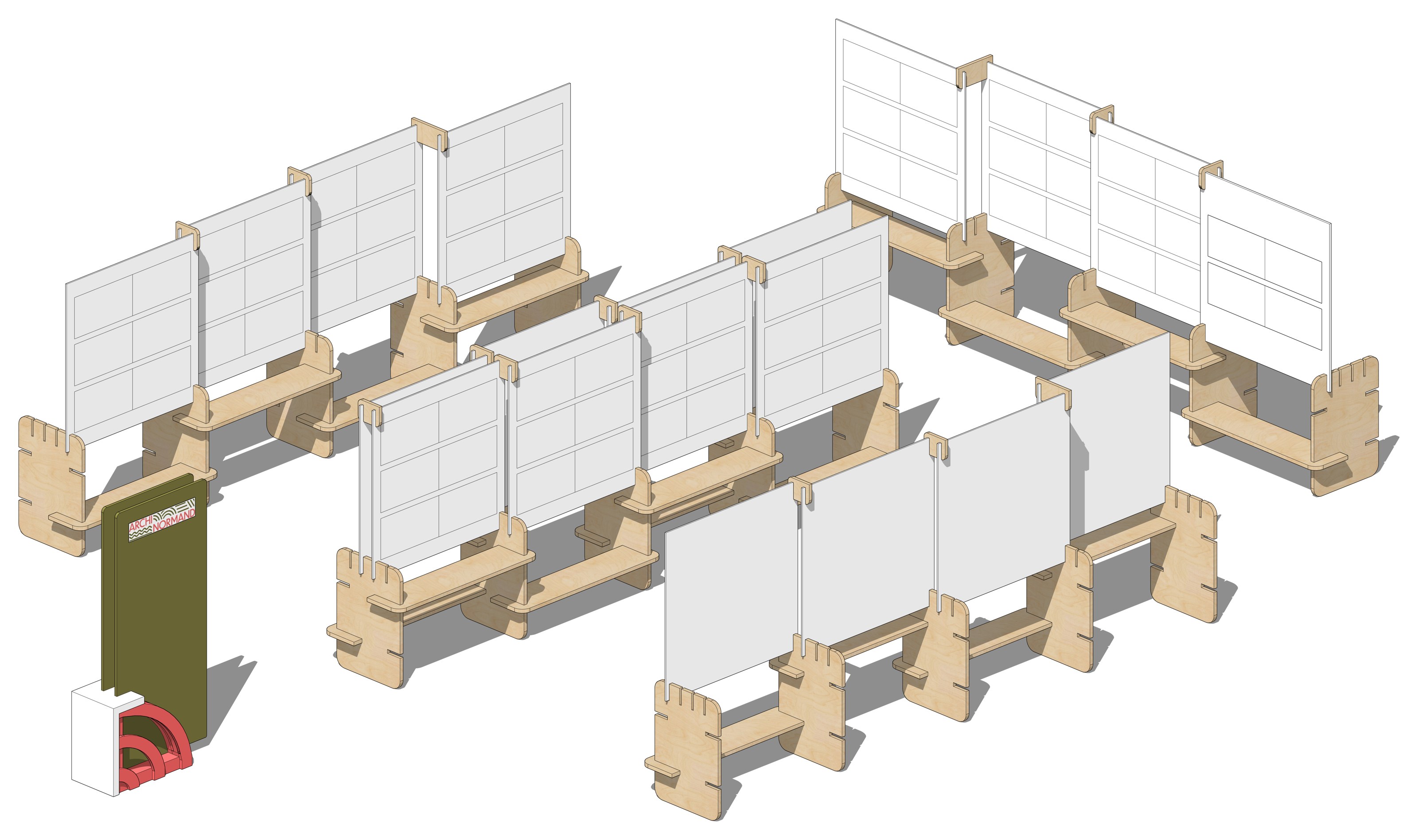 Parcours d’exposition Archinormand en axonométrie : modules en bois et panneaux imprimés disposés en chicane, totem à l’entrée