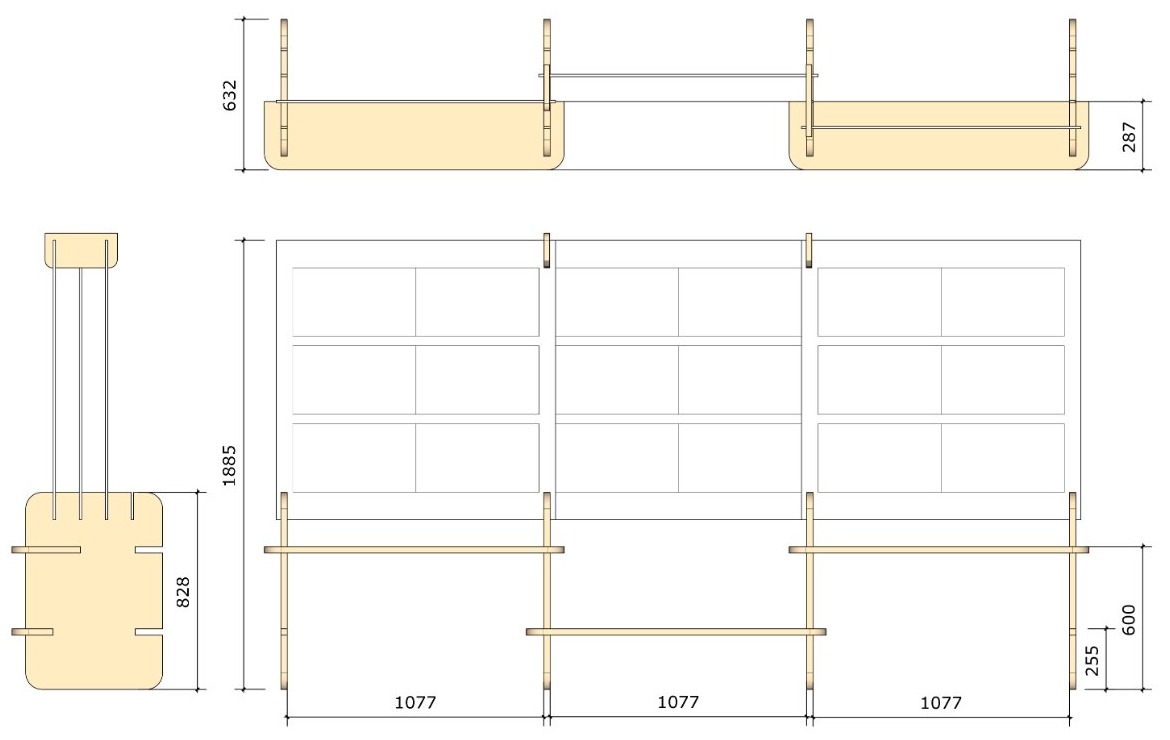 Plans cotés du module : coupe, élévation et profil