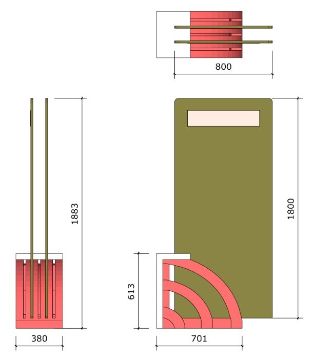 Plans cotés du totem : plan, profil et face