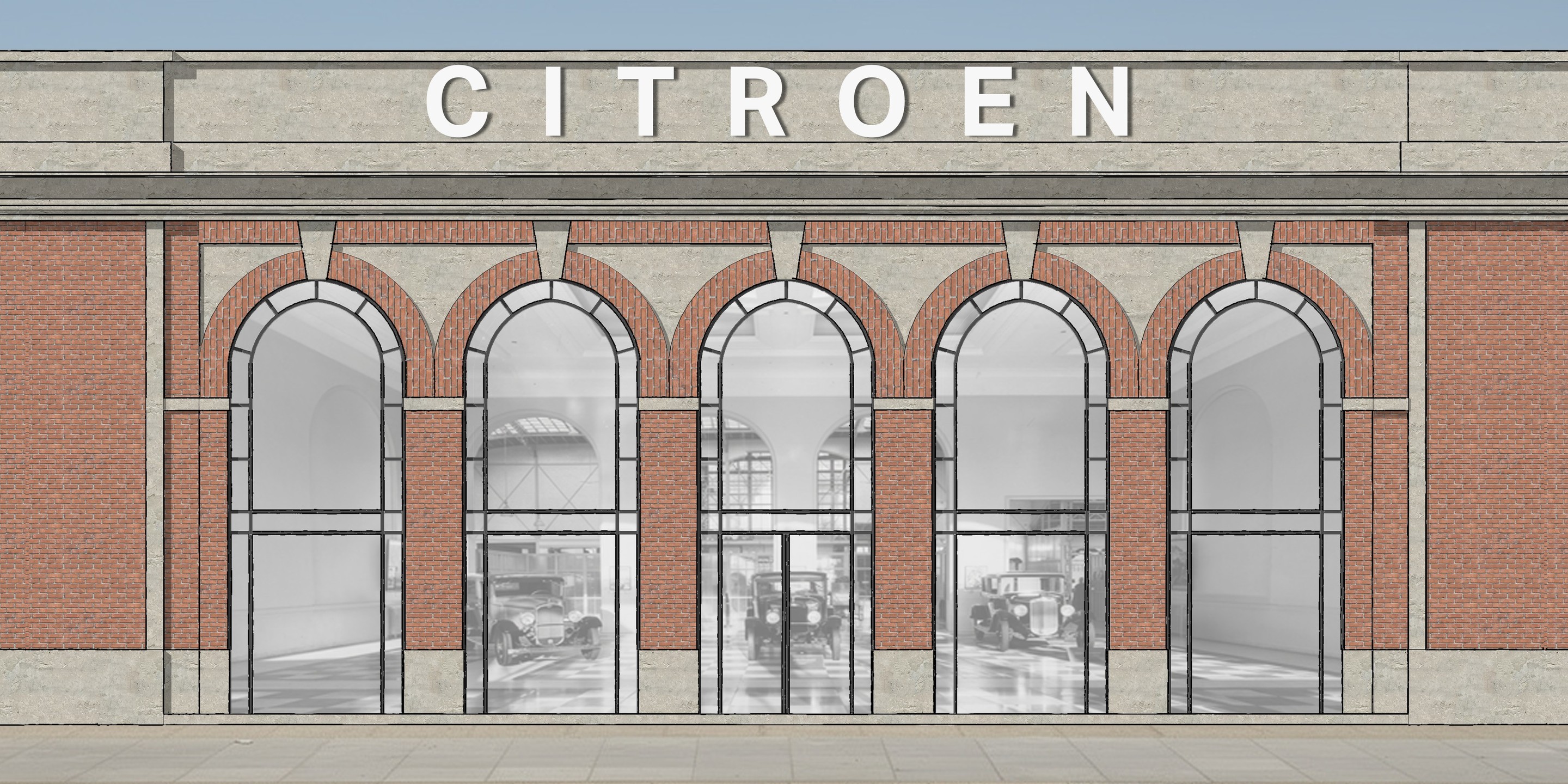 Rendu de la façade Citroën : cinq arches vitrées et enseigne en lettres découpées